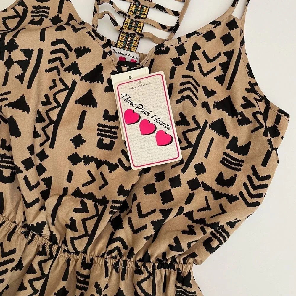 Three Pink Hearts Moroccan Spice‎ Dress, Tan Beige Geometric Dress, Strappy X13